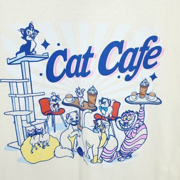Disney Cat Cafe Graphic Short Sleeve T-Shirt M Cream/Blue - Picture 5 of 11